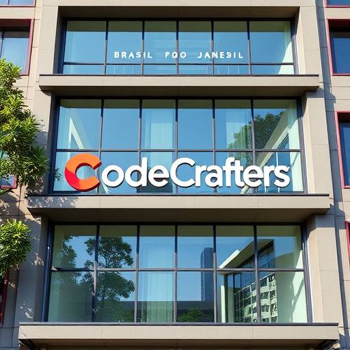 Foto da fachada da CodeCrafters Brasil no Rio de Janeiro, mostrando um prédio moderno com janelas amplas
