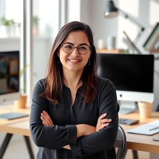 Foto de Maria Eduarda Silva, instrutora de JavaScript e React da CodeCrafters Brasil, em um ambiente de trabalho moderno